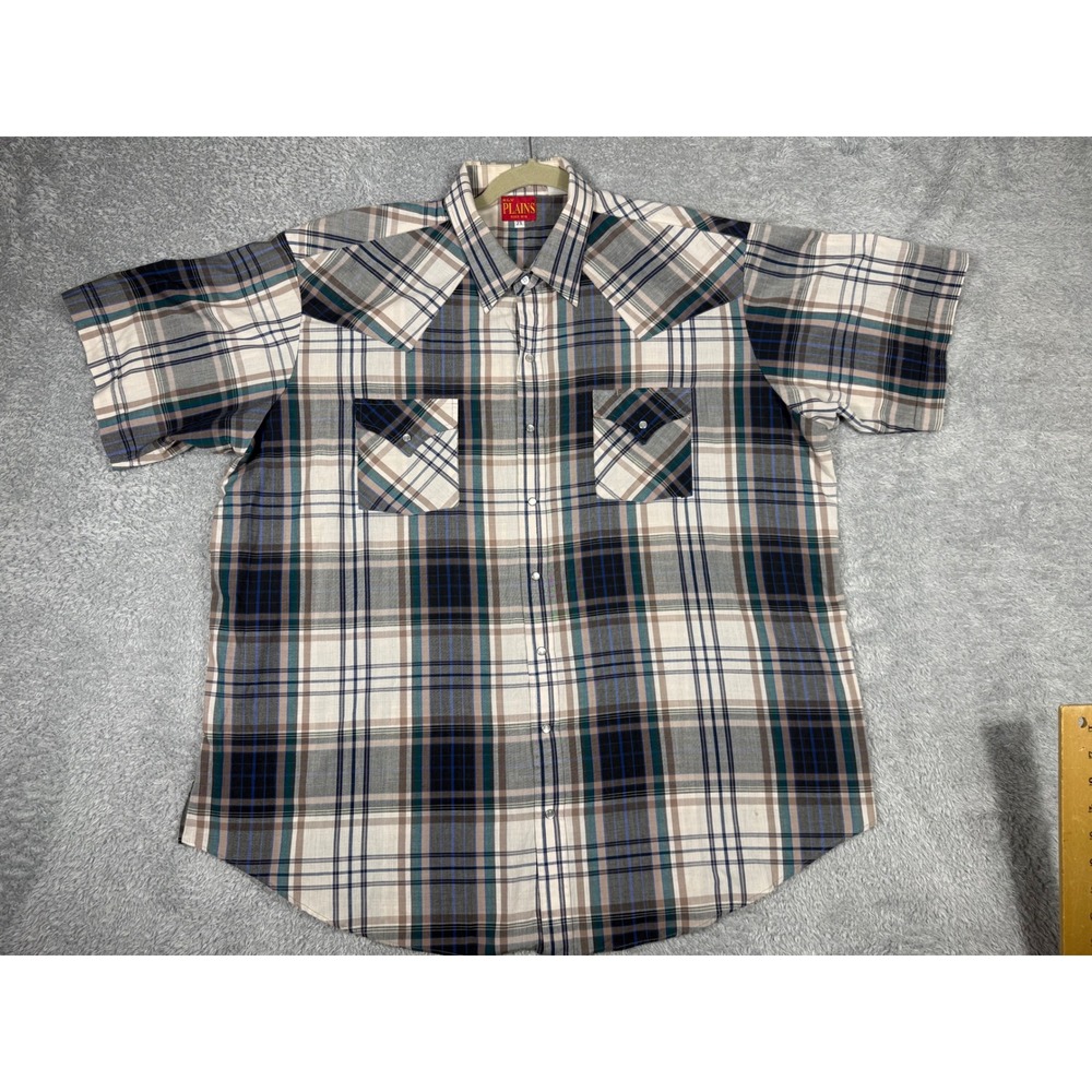 Ely Plains Western Shirt Mens 2X Big Man Tan Blue Plaid Pearl Snap Short Sleeve‎
